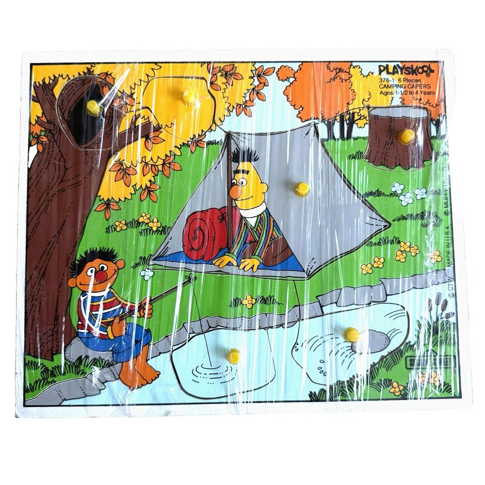 Vintage 1980s Playskool Sesame Street Camping Capers Bert and Ernie Board Puzzle